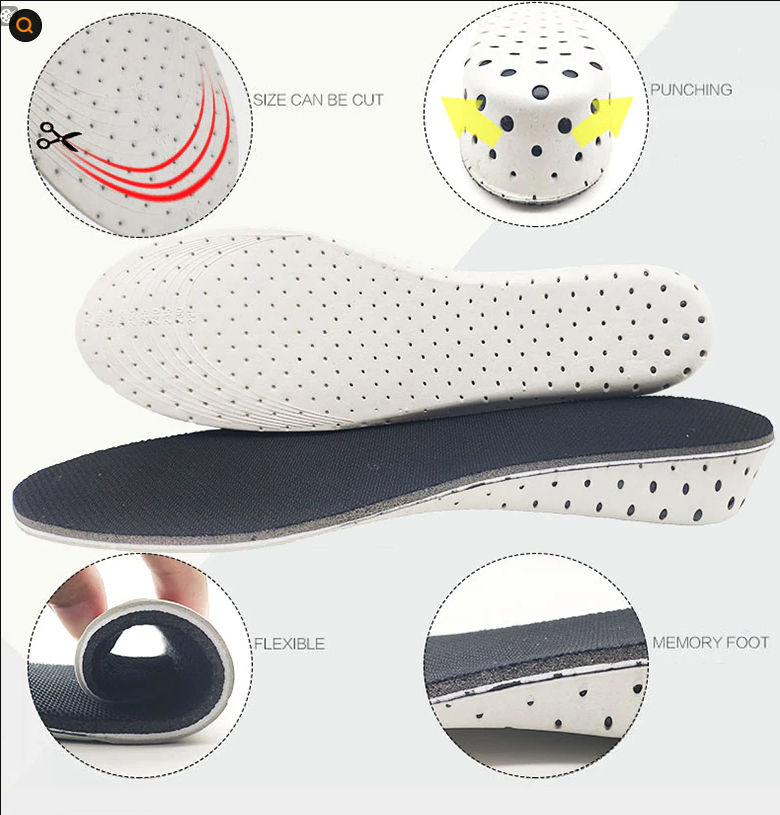 Torren Lift trim-to-fit height insole with size cut lines, breathable punching, flexible sole and memory foam foot bed